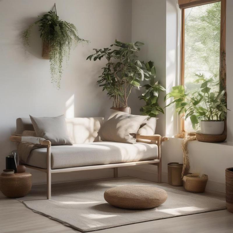 Góc thiền yên bình trong nhà theo phong thủy, với ánh sáng tự nhiên, cây xanh và nệm ngồi thoải mái.
